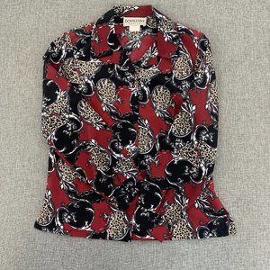 DONKENNY Button Down Blouse Black Red Leopard Top Size PS‎ Long Sleeve Collared